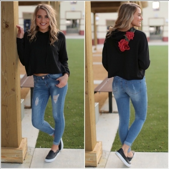 Black French Terry Cropped Floral Patched Hoodie - Picture 2 of 4